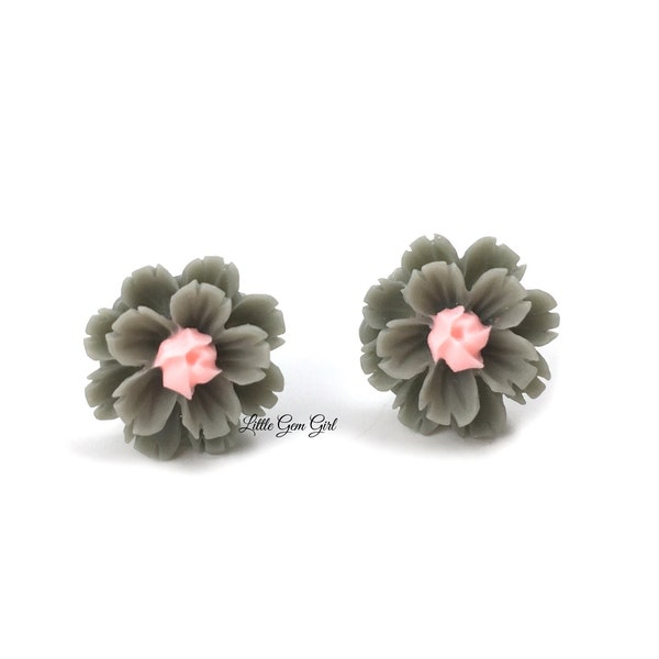 11mm Grey and Pink Flower Stud Earrings Titanium or Stainless Steel Studs for Sensitive Ears - Tiny Flower Earrings