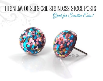Glitter Bomb Rainbow Stud Earrings in Stainless Steel or Titanium Posts for Sensitive Ears - Sparkly Iridescent Disco Ball Earrings