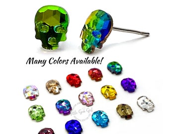 7x9mm Crystal Skull Stud Earrings with Titanium or Stainless Steel Posts - 3D Skeleton Color Changing Jewelry - Goth Girl Gifts