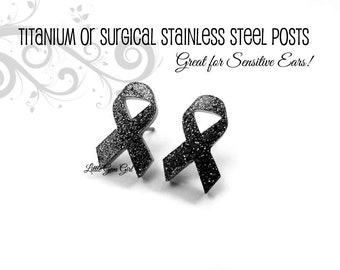 Tiny Black Ribbon Earrings Titanium or Stainless Steel Posts - Melanoma Cancer Stud Earrings - Black Ribbon Studs - Cancer Awareness Support