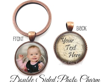 CUSTOM TEXT Key Chain - Double Sided Custom Photo & Personalized Words or Quote Keychain - 2 Sided Picture Charm w/5 Finishes 19 Designs