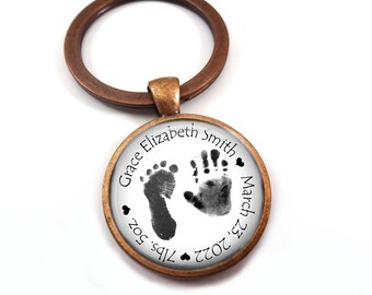 Custom Baby Footprints/Handprints Necklace or Keychain: Personalized Birth Announcement Jewelry