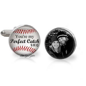 Custom Photo Baseball Cuff Links - Sports Anniversary Wedding Picture Cufflinks - You&#39;re my Perfect Catch - Sterling Silver or Stainless