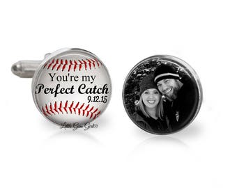 Custom Photo Baseball Cuff Links - Sports Anniversary Wedding Picture Cufflinks - You're my Perfect Catch - Sterling Silver or Stainless