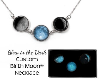 Glow in the Dark Custom Birth Moon Necklace with 1 to 5 Personalized Birthday Moon Charms - Silver Stainless Steel