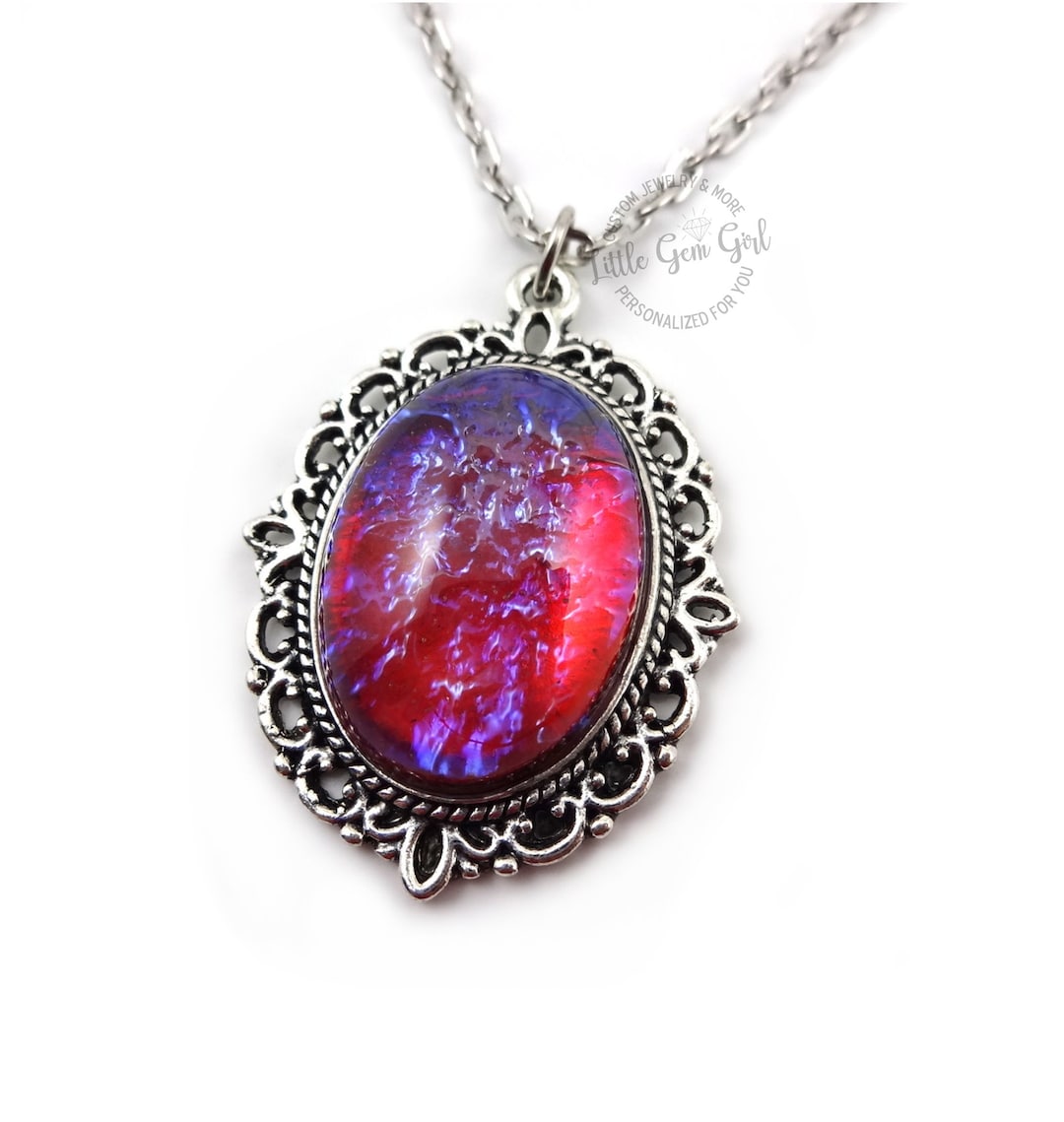 Czech Glass Mexican Opal Dragons Breath Necklace - Red Blue Fire