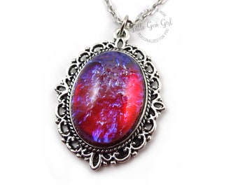 Czech Glass Mexican Opal Dragons Breath Necklace - Red Blue Fire Opal Pendant - Color Changing Charm - Dragon Fire Amulet