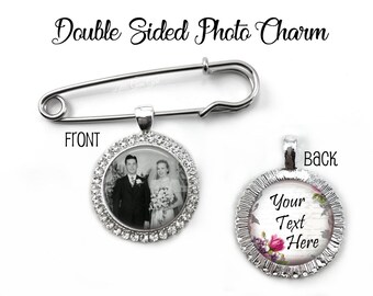 Double Sided Personalized Photo Lapel Pin in Silver, Rose Gold, etc with Custom Text - Rhinestone Wedding Boutonniere Memorial Pin