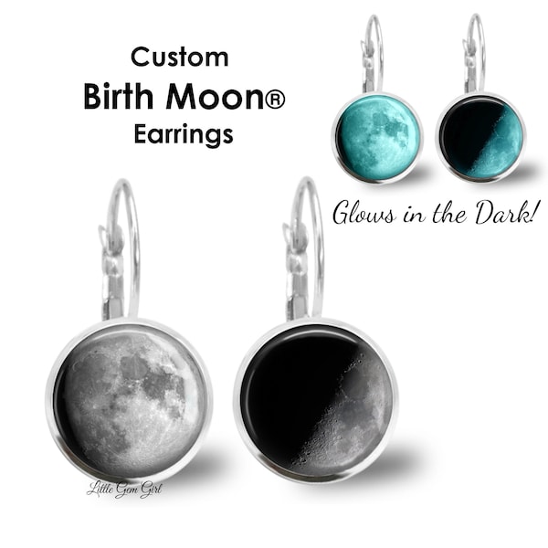 Custom Glowing Birth Moon Earrings - 12mm Lunar Phase Earrings Dangle or Studs - Glow in the Dark Jewelry in 6 Metal Finishes