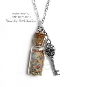 Pirate Treasure Map Glass Bottle Cork Necklace - Traveler Vintage Map Pirate Jewelry - Miniature Message in a Bottle