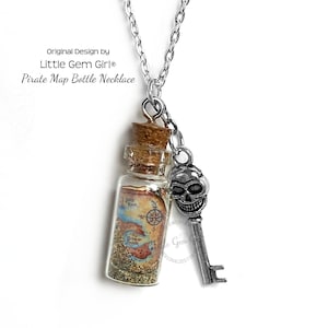 Collier en bouchon de bouteille en verre de carte au trésor de pirate - Bijoux de pirate de carte vintage de voyageur - Message miniature dans une bouteille