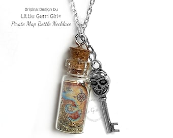 Pirate Treasure Map Glass Bottle Cork Necklace - Traveler Vintage Map Pirate Jewelry - Miniature Message in a Bottle