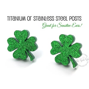 Four Leaf Clover Shamrock Stud Earrings with Titanium or Stainless Steel Post - St Patrick&#39;s Day Sparkly Green Shamrocks, Hypoallergenic