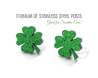 Four Leaf Clover Shamrock Stud Earrings with Titanium or Stainless Steel Post - St Patrick's Day Sparkly Green Shamrocks, Hypoallergenic