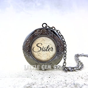 Personalized Sister Locket -  Custom Sister Necklace  Keepsake Jewelry - Round Photo Locket Silver Bronze or Gunmetal & 17 Designs Available
