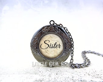 Personalized Sister Locket -  Custom Sister Necklace  Keepsake Jewelry - Round Photo Locket Silver Bronze or Gunmetal & 17 Designs Available