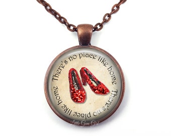 The Wonderful Wizard of Oz Necklace There's No Place Like Home Charm with Glittered Ruby Red Slippers in Silver, Gunmetal, Copper or Bronze