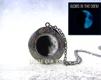 Moon Locket Necklace - Glowing Moon Locket - Glow in the Dark Crescent Moon Jewelry - Bronze, Silver or Gunmetal - Astronomy Galaxy Pendant