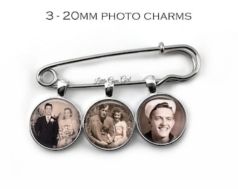 Custom Photo Lapel Pin w/1, 2, 3 or 4 Picture Charms - Wedding Picture Boutonniere - Personalized Bridal Bouquet Charm - Groom Memorial Pin