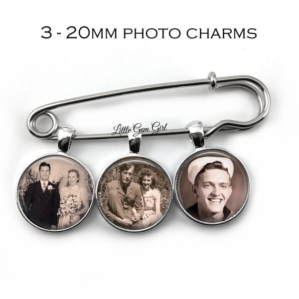 Custom Photo Lapel Pin w/1, 2, 3 or 4 Picture Charms - Wedding Picture Boutonniere - Personalized Bridal Bouquet Charm - Groom Memorial Pin