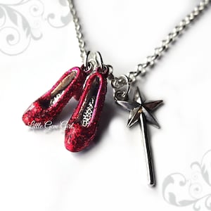 The Wonderful Wizard of Oz Ruby Slipper Glinda Magic Wand Charm Necklace - Dorothy&#39;s SUPER sparkly Red Glitter Shoes - Oz Wedding