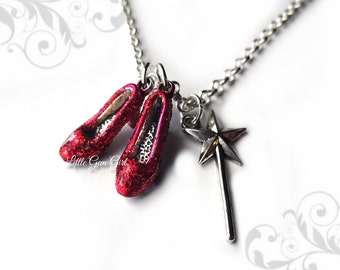 The Wonderful Wizard of Oz Ruby Slipper Glinda Magic Wand Charm Necklace - Dorothy's SUPER sparkly Red Glitter Shoes - Oz Wedding