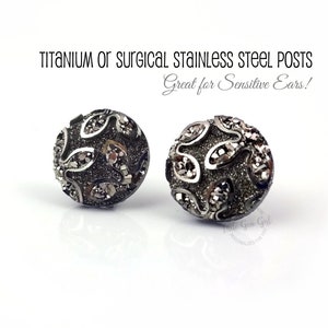 12mm Black Flower Stud Earrings with Titanium or Stainless Steel Posts - Metallic Silver Grey Glitter Faux Druzy Studs - Hypoallergenic