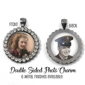 2 Photo Double Sided Personalized Wedding Bouquet Memorial Charm - Rhinestone Custom Photo In Memory Charm
