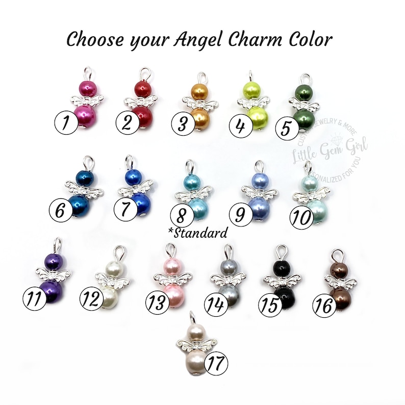 May include: A selection of 17 angel charms in various colours, including red, green, blue, purple, pink, and white. The charms are made of silver and have a pearl-like finish. The charms are numbered 1 through 17. The text "Choose your Angel Charm Color" is at the top of the image. The text "Little Gem Girl" is in the centre of the image.