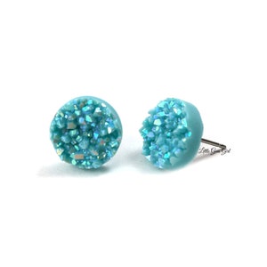 Robins Egg Blue Druzy Stud Earrings 12mm, 10mm or 8mm - Light Aqua Faux Druzy Post Titanium or Stainless Steel Studs Sensitive Ears