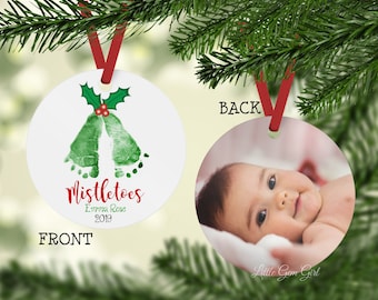 Mistletoes Custom Christmas Ornament - Personalized Ornament with your Baby's Footprints and Photo - Custom Picture Ornament