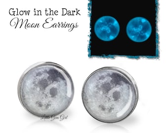 Glowing Moon Earrings - 12mm Full Moon Post Earrings - Glow in the Dark Moon Stud Earrings - 6 Metal Finishes - Galaxy Outer Space Sci Fi