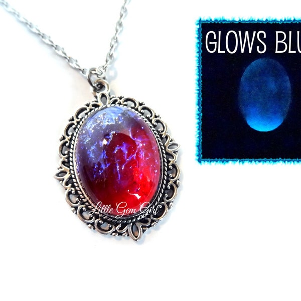 Glow in the Dark Czech Glass Mexican Opal Dragons Breath Necklace - Glowing Opal Necklace - Blue Red Pendant - Dragon Fire Amulet