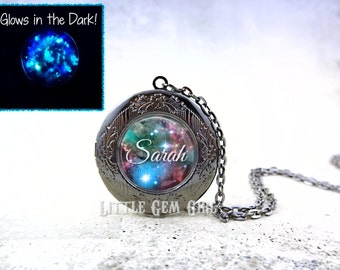 Custom Locket Necklace - Starry Galaxy Glows in the Dark - Personalized Name Jewelry - Name Necklace - Personalized Large Round Locket