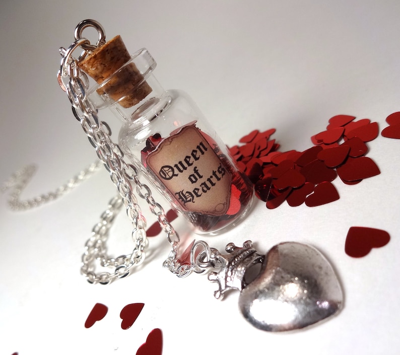 Queen of Hearts Alice's Adventures in Wonderland Valentine's Day Glass Bottle Cork Necklace Red Queen image 3