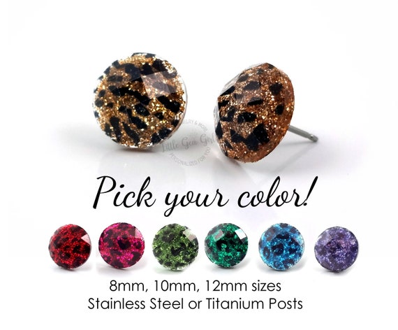 1 Pair Cheetah Leopard Glitter Faceted Animal Print Stud Earrings Stainless Steel or Titanium Posts, 3 Sizes, Hypoallergenic, Nickel Free