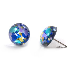 12mm  Navy Blue, Teal, Purple and Gold Confetti Stud Earrings in Stainless Steel or Titanium Posts for Sensitive Ears