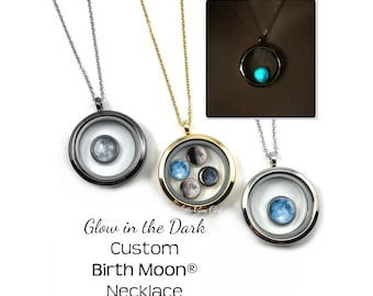 Glow in the Dark Custom Birth Moon Floating Locket Necklace 1 - 4 Moon Phase Charms - Glowing Birthday Moon Jewelry - Stainless Steel Option