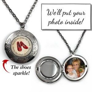 The Wonderful Wizard of Oz Locket with Custom Photo Sparkle Ruby Slipper Necklace Personalized Picture No Place Like Home Going Away image 1