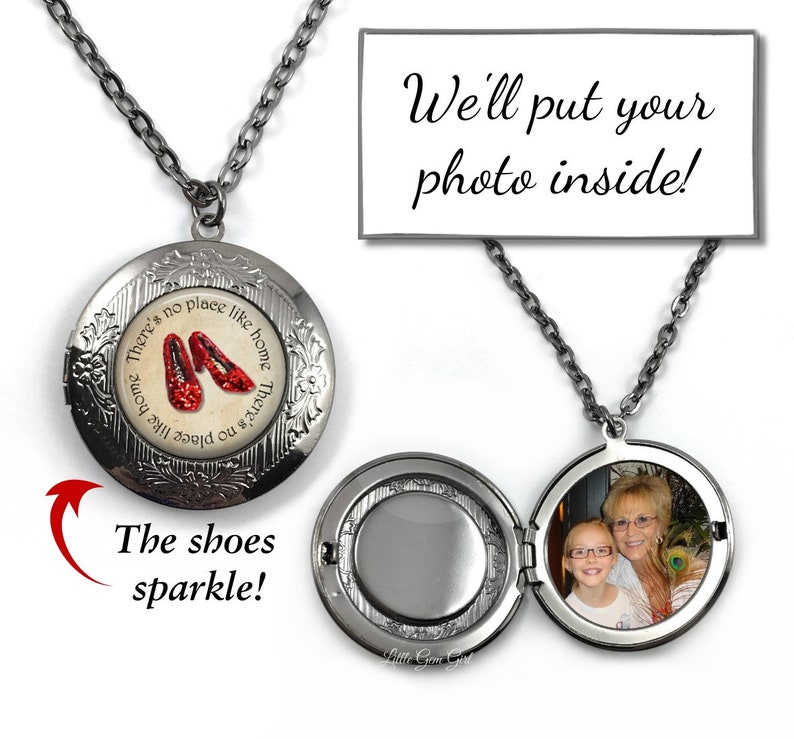 The Wonderful Wizard of Oz Locket with Custom Photo Sparkle Ruby Slipper Necklace Personalized Picture No Place Like Home Going Away image 1