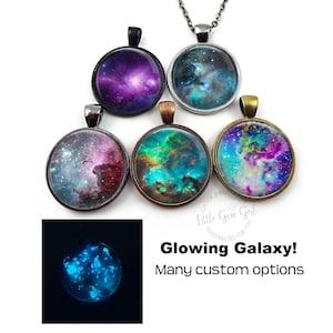 Glow in the Dark Galaxy Charm Necklace - Stars Nebula Glowing Galaxy Pendant - 23 Space Images Available, 20mm or 25mm Size
