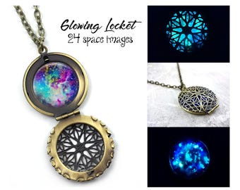 Glow in the Dark Galaxy Halskette - 24 Bilder Glowing Space Medaillon Silber, Edelstahl, Gold - Nebula Sterne Sonnensystem Glow Schmuck