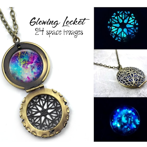 Glow in the Dark Galaxy Halskette - 24 Bilder Glowing Space Medaillon Silber, Edelstahl, Gold - Nebula Sterne Sonnensystem Glow Schmuck