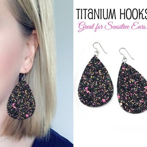 Black Leather Teardrop Earrings Titanium Hooks Sensitive Ears - Galaxy Rainbow Glitter Teardrop Earrings Hypoallergenic Trendy Drop Earrings