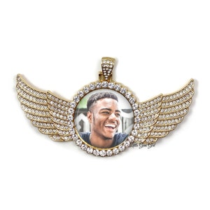 Angel Wing Custom Photo Memorial Charm in Gold, Silver or Black - Large Rhinestone In Memory Personalized Picture Pendant