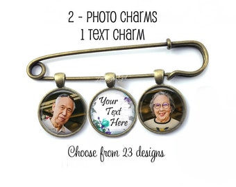 Custom Photo Lapel Pin with 2 Picture Charms and 1 Custom Text Charm - Memorial Boutonniere - Personalized Groom In Memory Charm