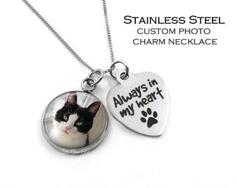 Custom Photo Pet Memorial Charm Necklace - Stainless Steel Loss of Pet Personalized Picture Jewelry - Always in my Heart Pet Loss