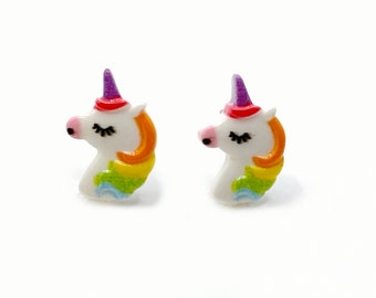 10x14mm Rainbow Unicorn Stud Earrings - Titanium or Stainless Steel Studs for Sensitive Ears, Hypoallergenic Nickel Free