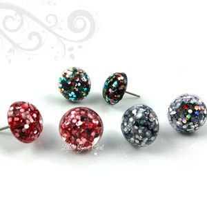 Set of 3 Rainbow Glitter Stud Earrings in Stainless Steel or Titanium Posts for Sensitive Ears - 12mm Iridescent Glitter Disco Ball Earrings