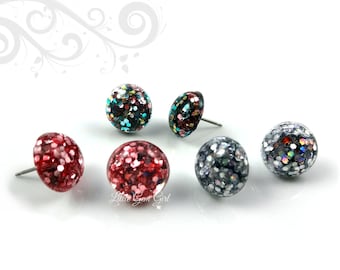 Rainbow Glitter Disco Ball Stud Earrings: Sensitive Ears, Stainless Steel/Titanium (Set of 3)